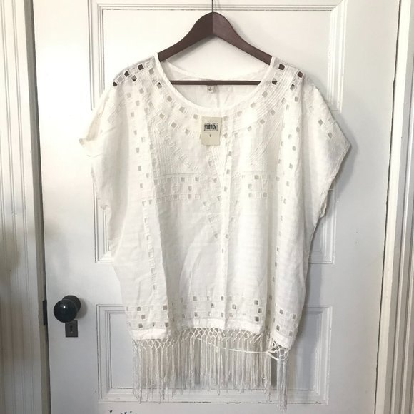Lucky Brand Ivory Cotton Blend Eyelet Fringed Top - Picture 1 of 8